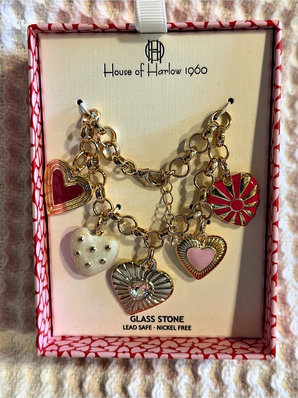 House of Harlow 1960 Glass Stone Heart Charm Bracelet Gold & Pink
